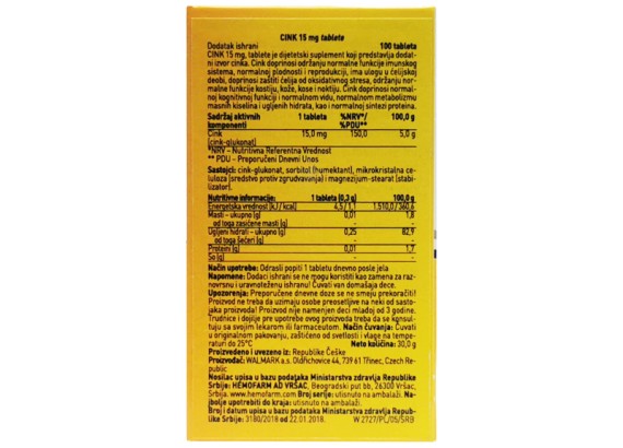 Zinc 15 mg 100 tableta