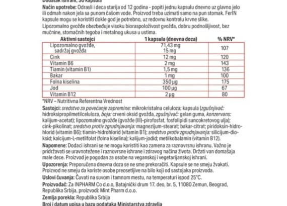 FerIN, za anemiju, 30 kapsula