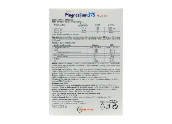 Magnezijum 375 plus B6 30 kapsula